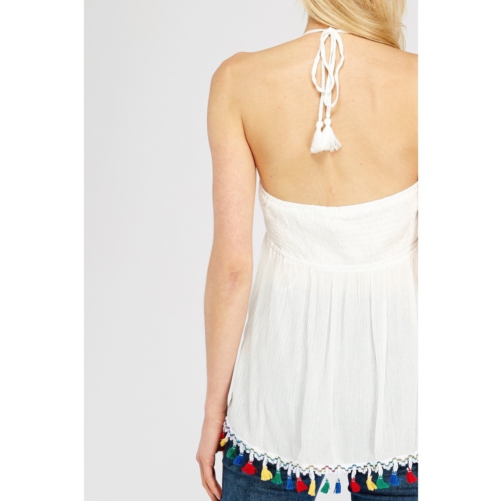 Tassel Hem Embroidered Detail Halter Top - Picture 7 of 8